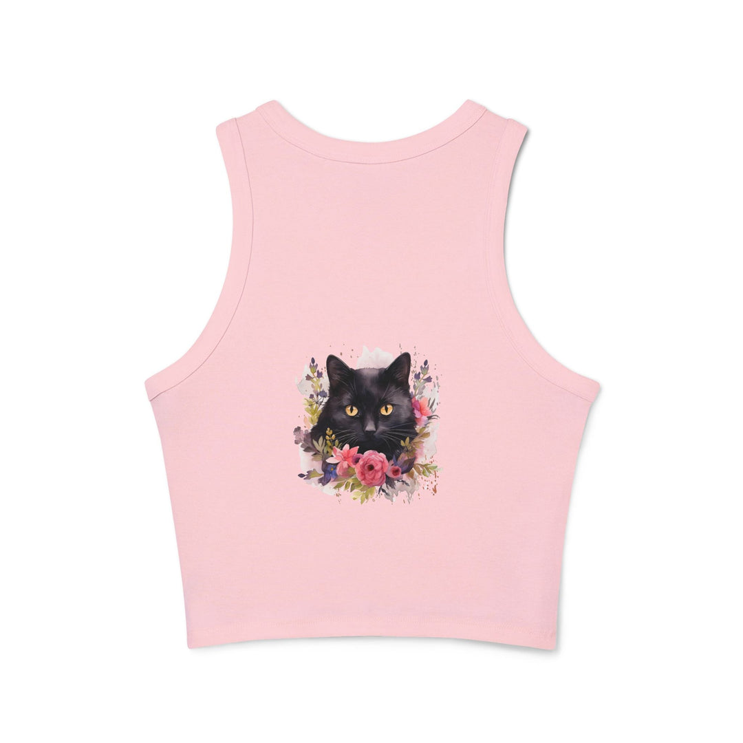 Black Cat Floral Racerback Tank Top Tank Top - Blululi