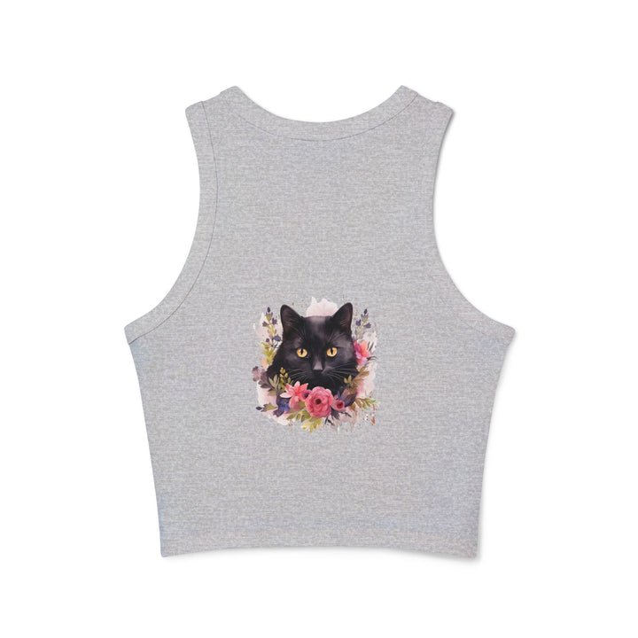 Black Cat Floral Racerback Tank Top Tank Top - Blululi