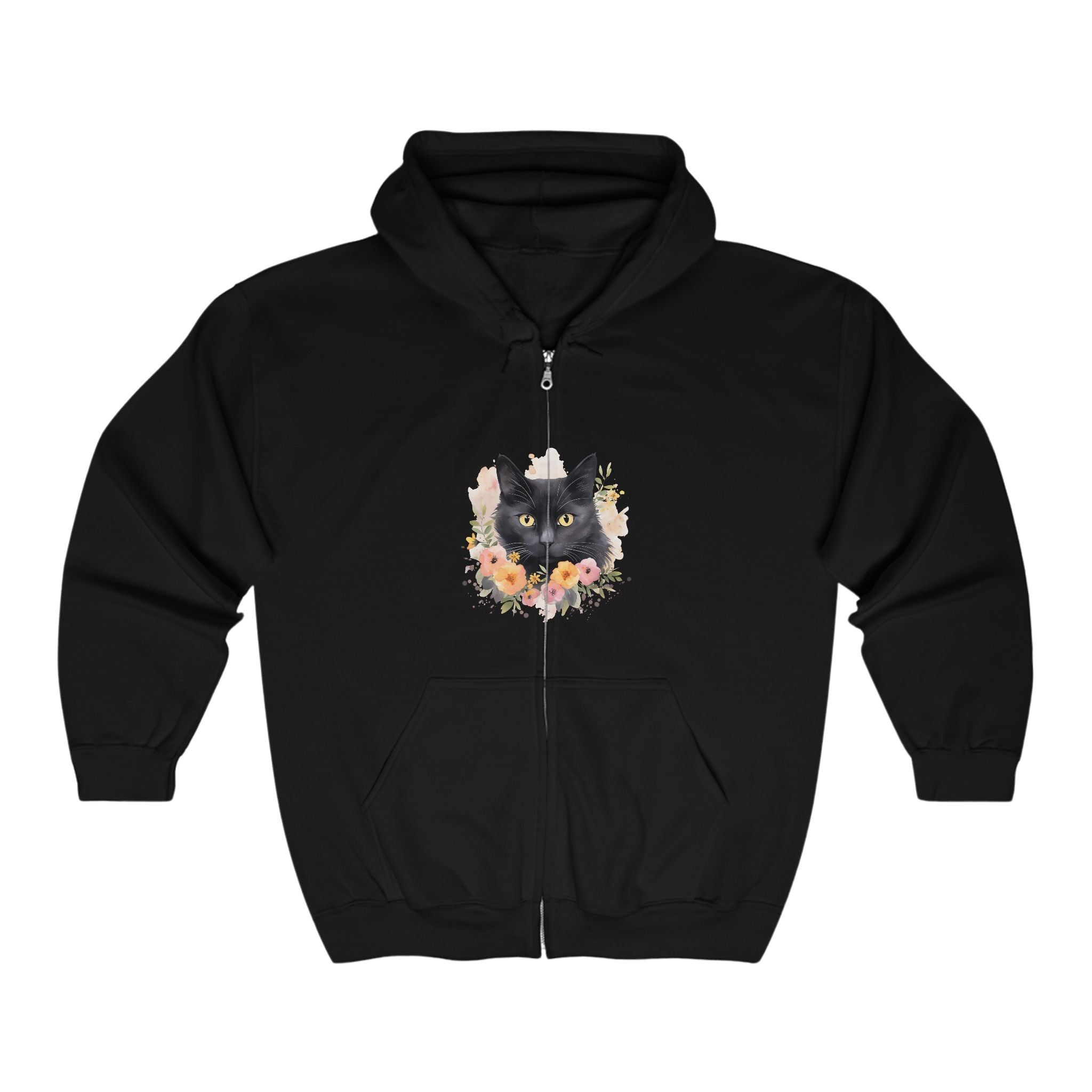 Black Cat Floral Watercolor Hoodie Hoodie - Blululi