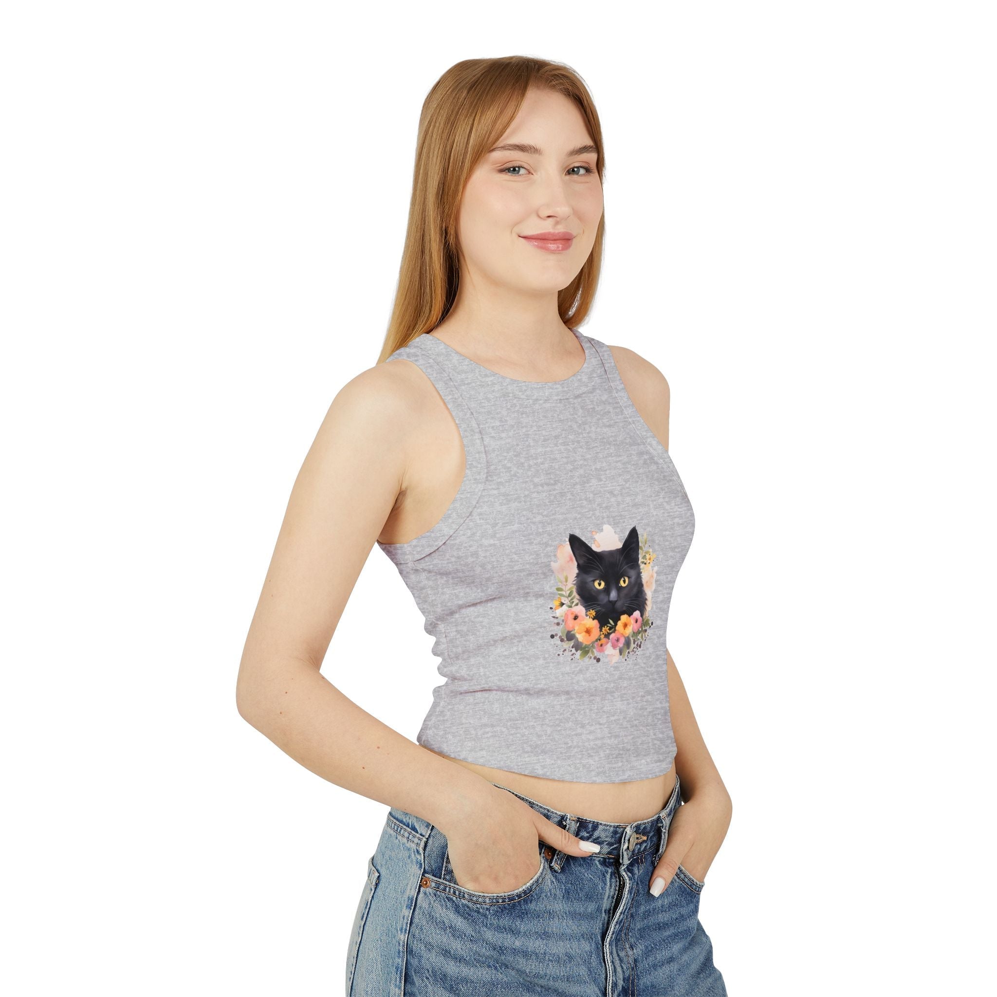 Black Cat Floral Watercolor Racerback Tank Top Tank Top - Blululi