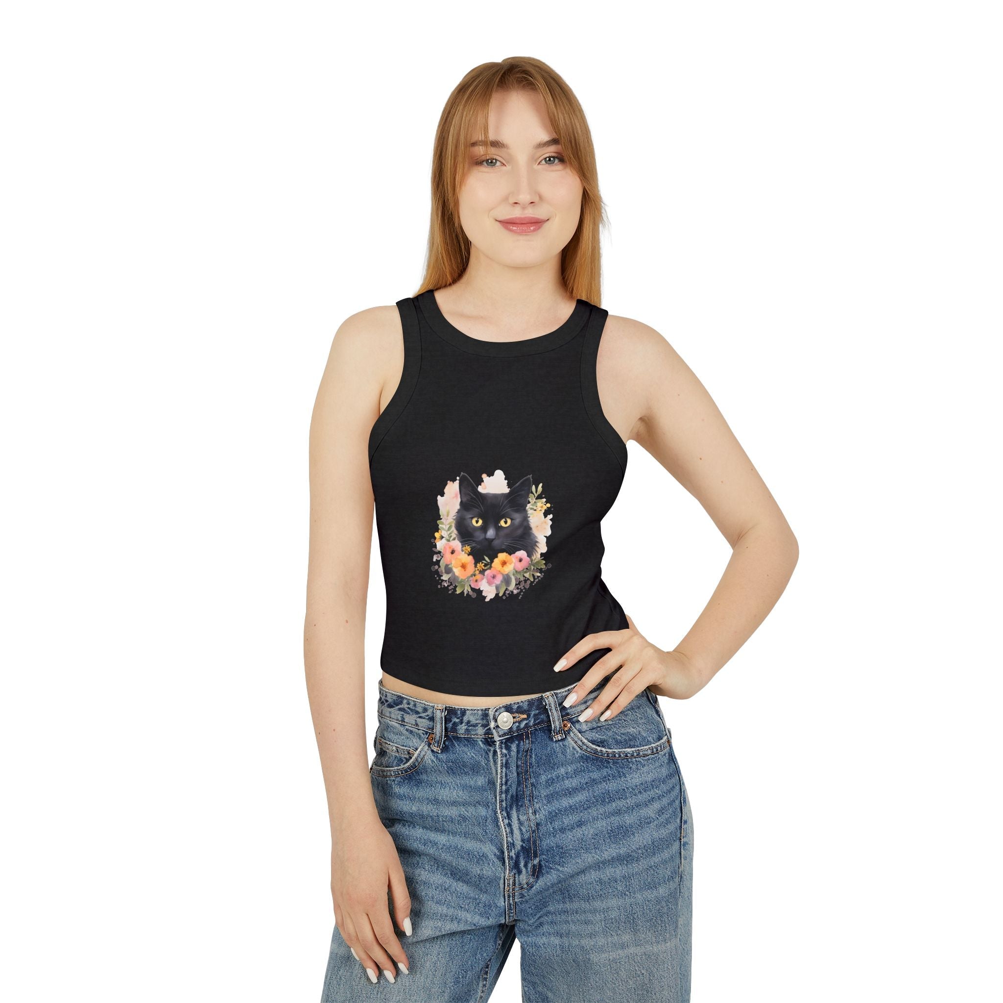 Black Cat Floral Watercolor Racerback Tank Top Tank Top - Blululi