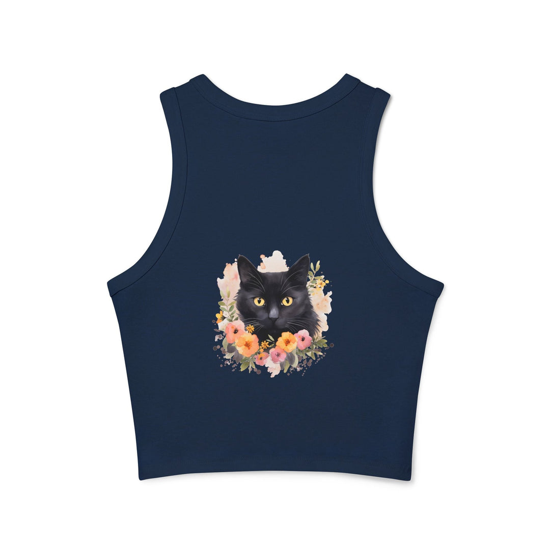 Black Cat Floral Watercolor Racerback Tank Top Tank Top - Blululi