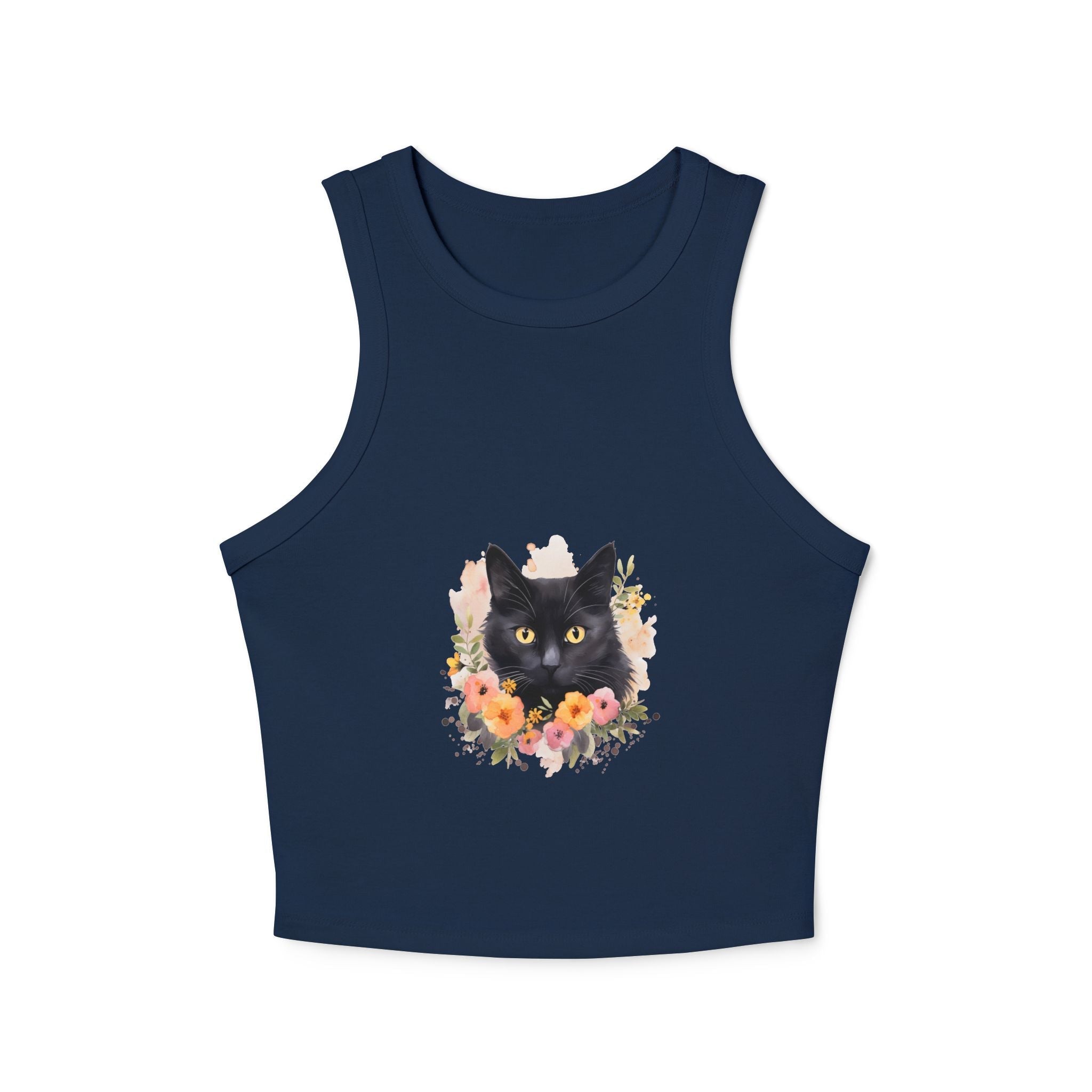 Black Cat Floral Watercolor Racerback Tank Top Tank Top - Blululi