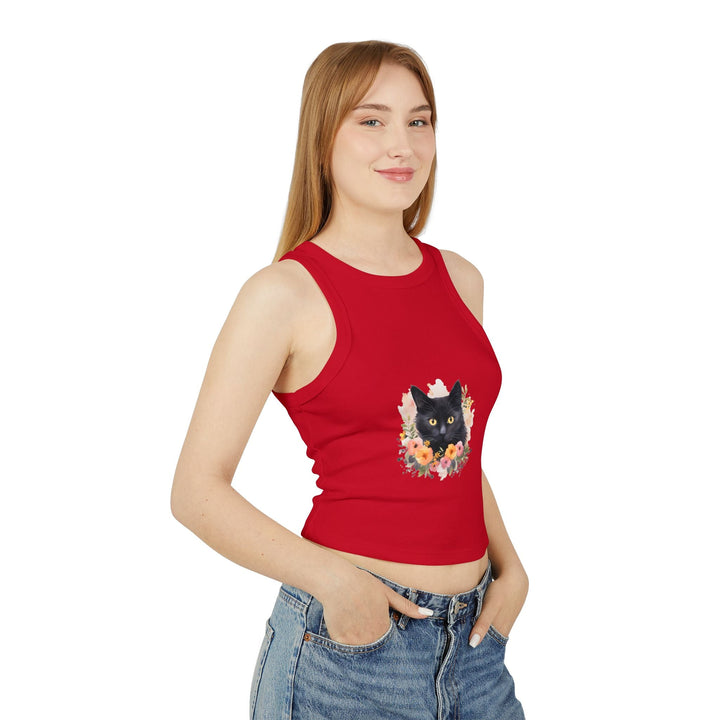 Black Cat Floral Watercolor Racerback Tank Top Tank Top - Blululi