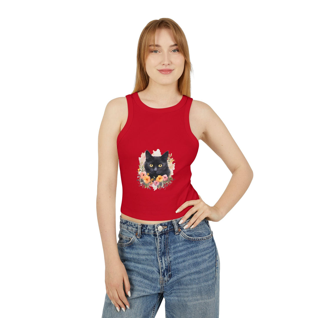 Black Cat Floral Watercolor Racerback Tank Top Tank Top - Blululi