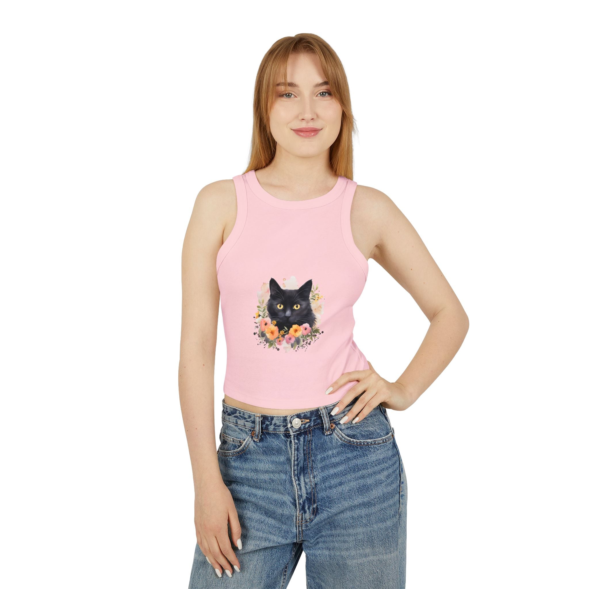 Black Cat Floral Watercolor Racerback Tank Top Tank Top - Blululi