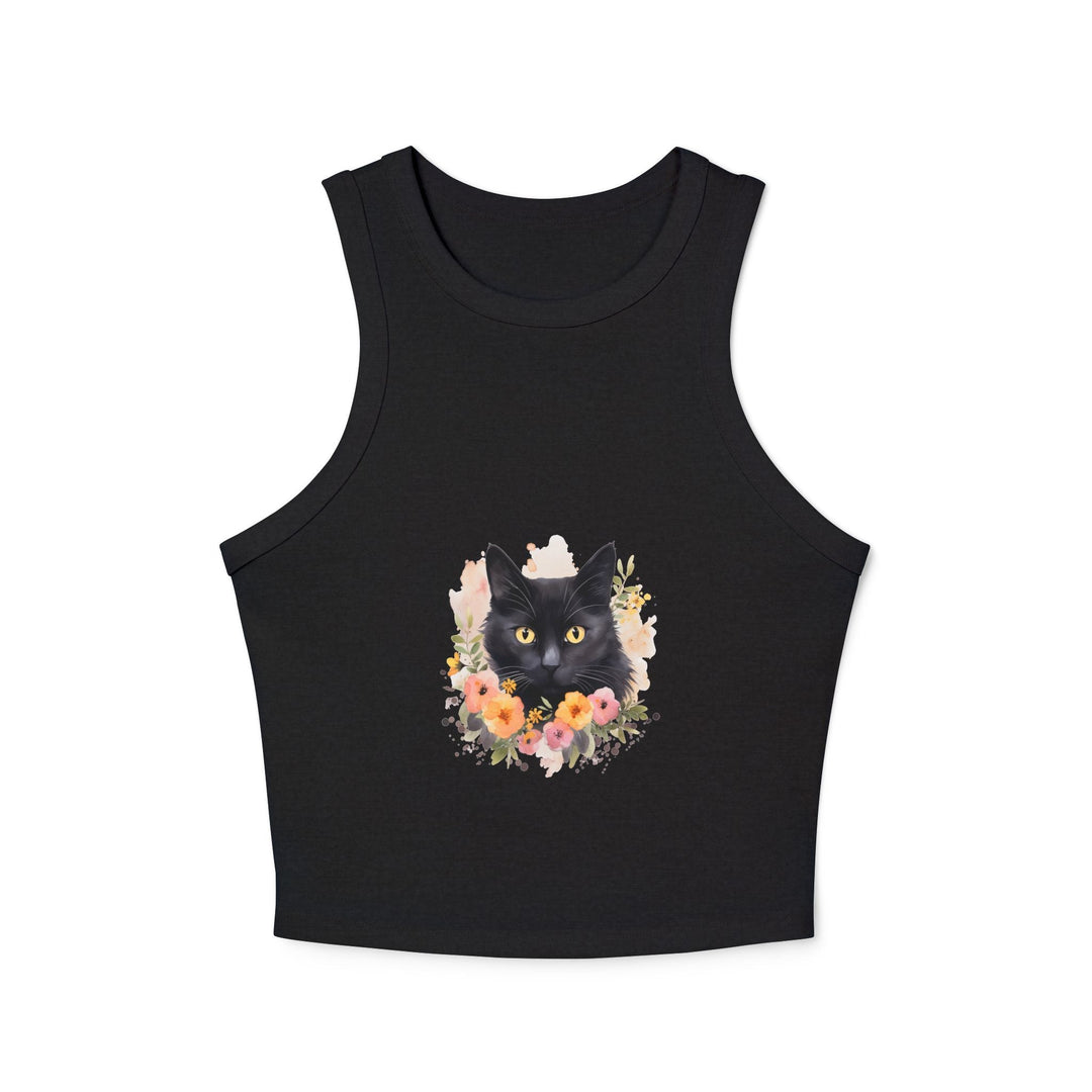 Black Cat Floral Watercolor Racerback Tank Top Tank Top - Blululi