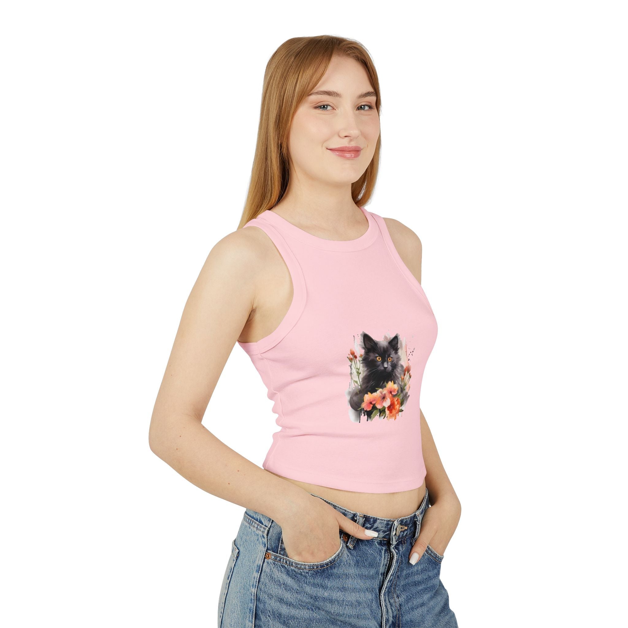 Black Cat & Flowers Racerback Tank Top Tank Top - Blululi