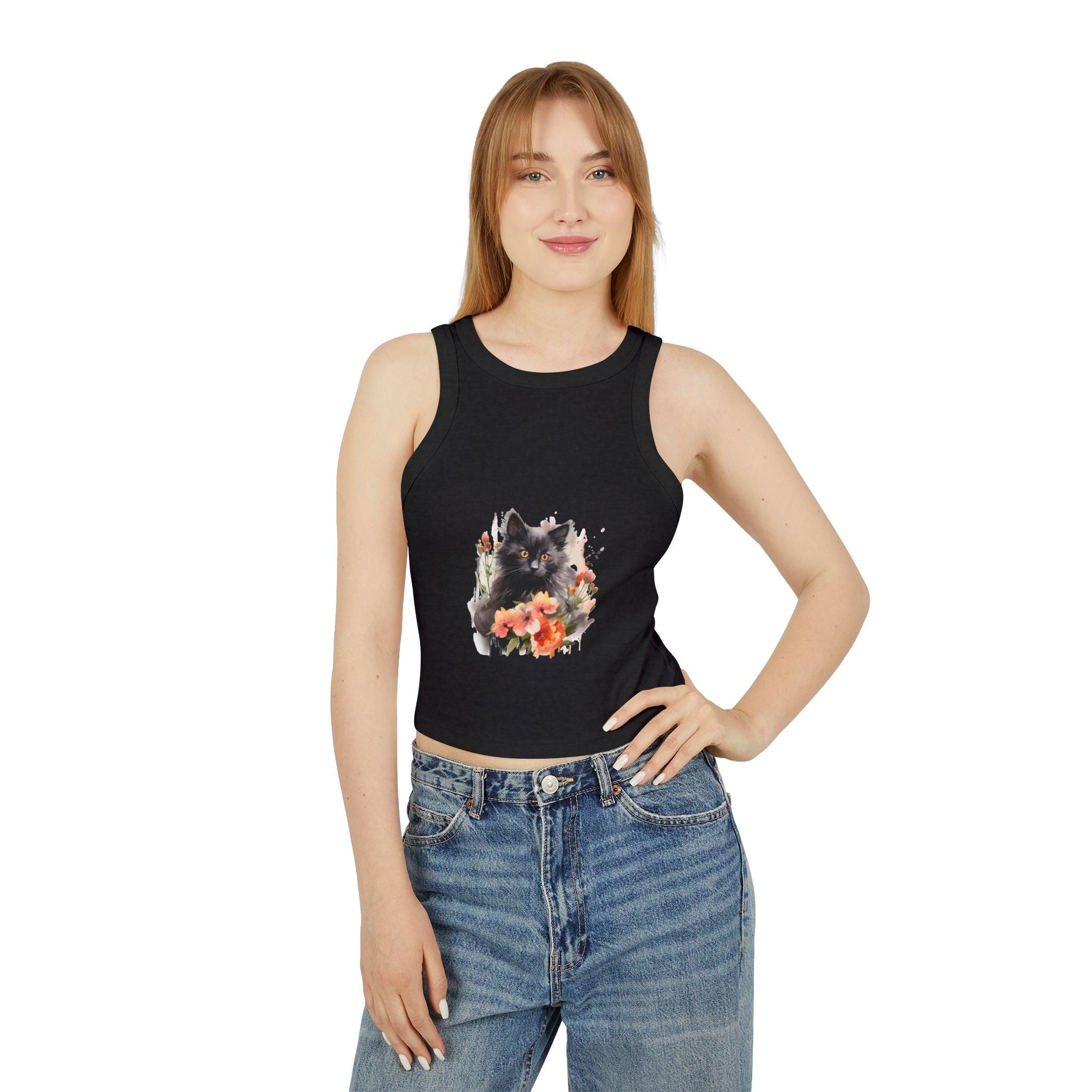 Black Cat & Flowers Racerback Tank Top Tank Top - Blululi