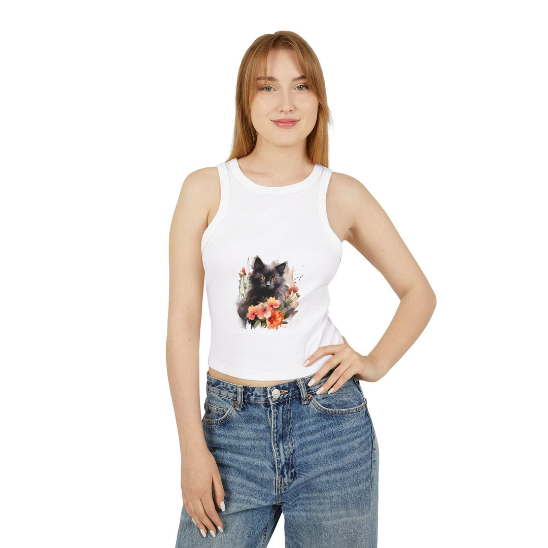 Black Cat & Flowers Racerback Tank Top Tank Top - Blululi