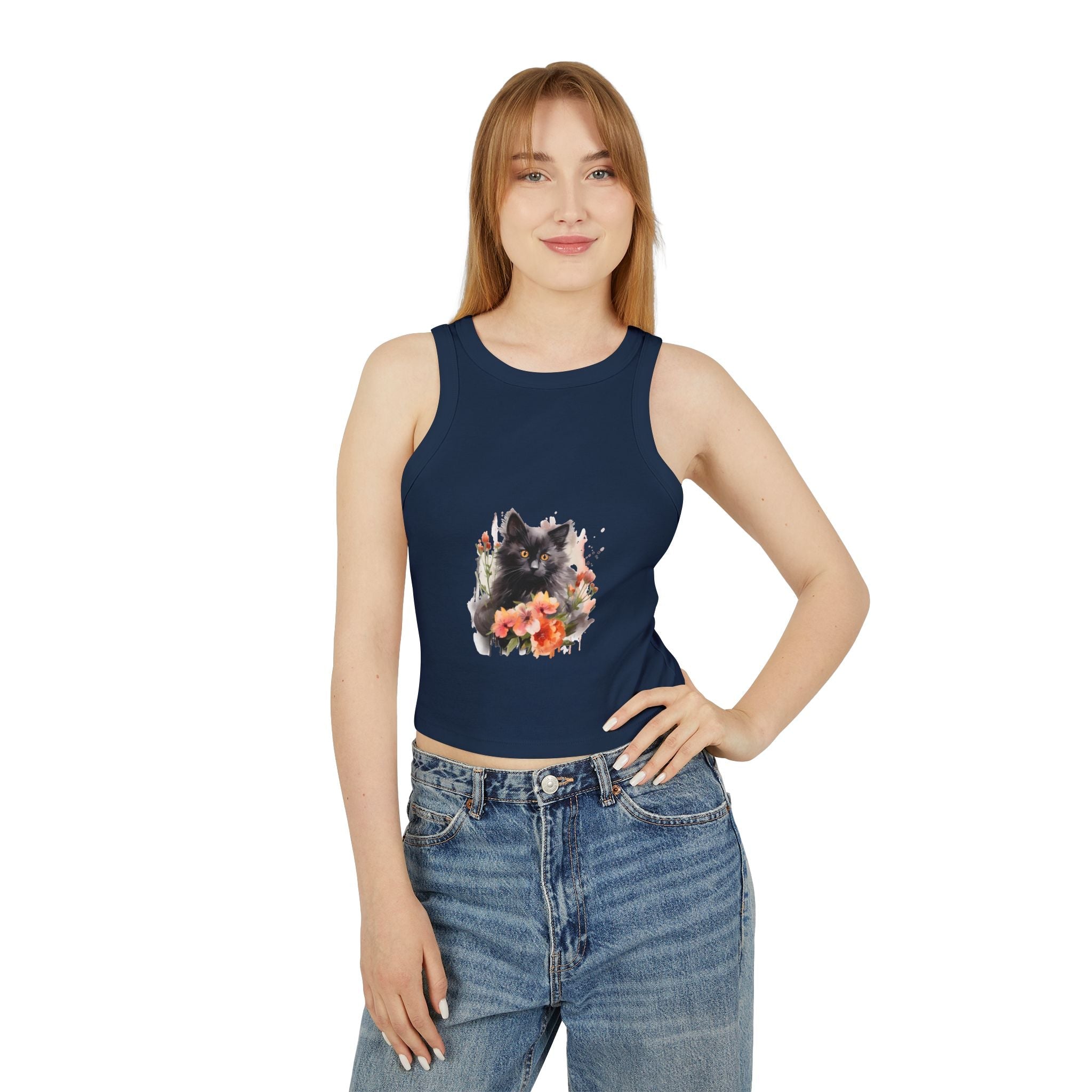 Black Cat & Flowers Racerback Tank Top Tank Top - Blululi