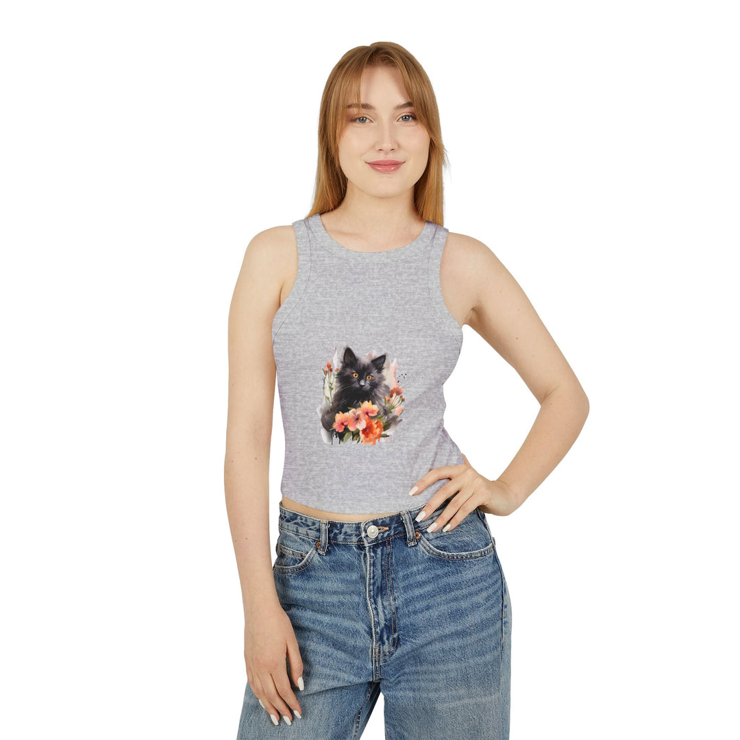 Black Cat & Flowers Racerback Tank Top Tank Top - Blululi