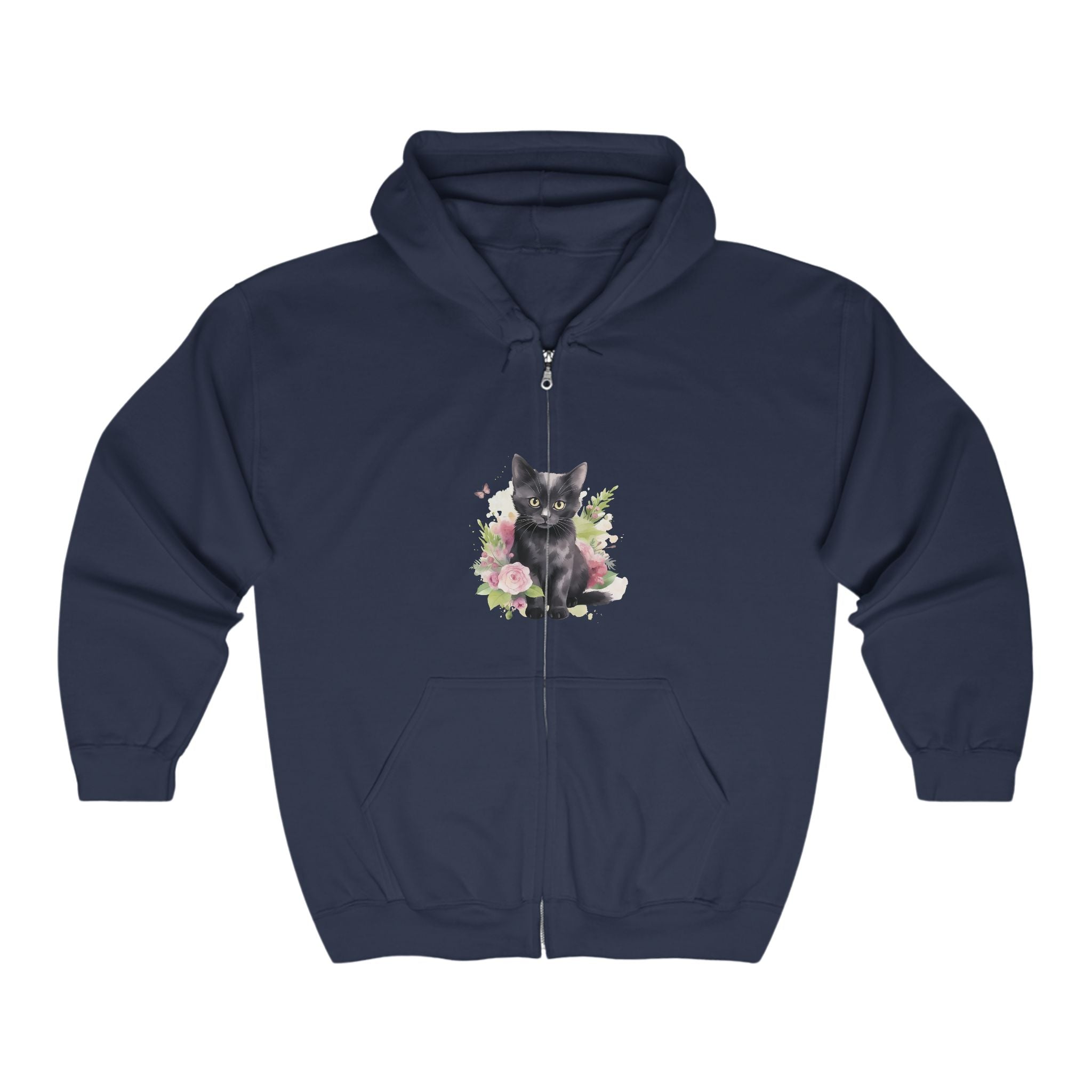 Black Cat & Pink Flowers Hoodie Hoodie - Blululi