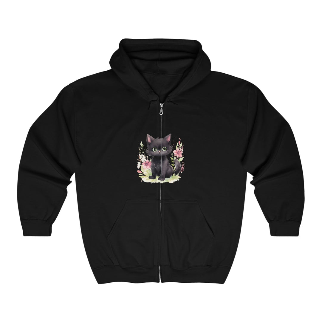 Black Kitten & Flowers Hoodie - Soft & Cozy Hoodie - Blululi