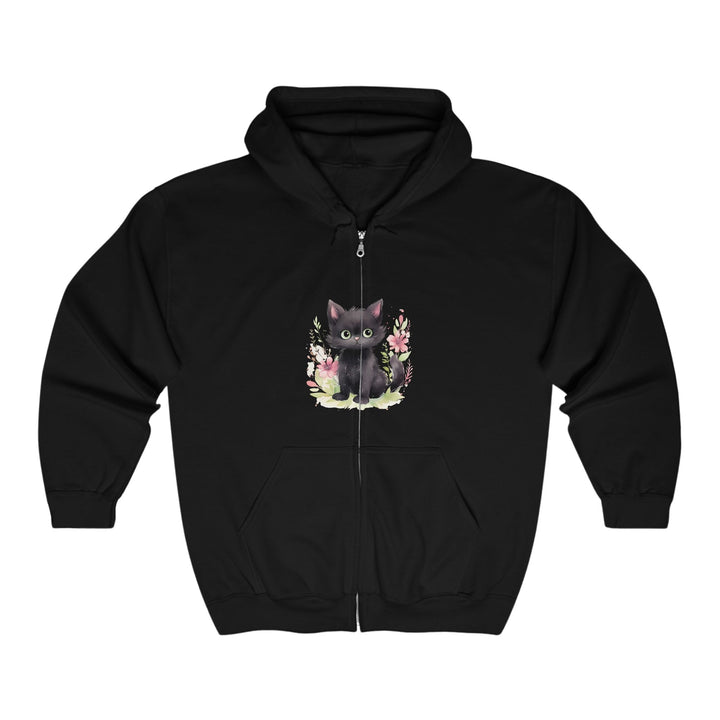 Black Kitten & Flowers Hoodie - Soft & Cozy Hoodie - Blululi