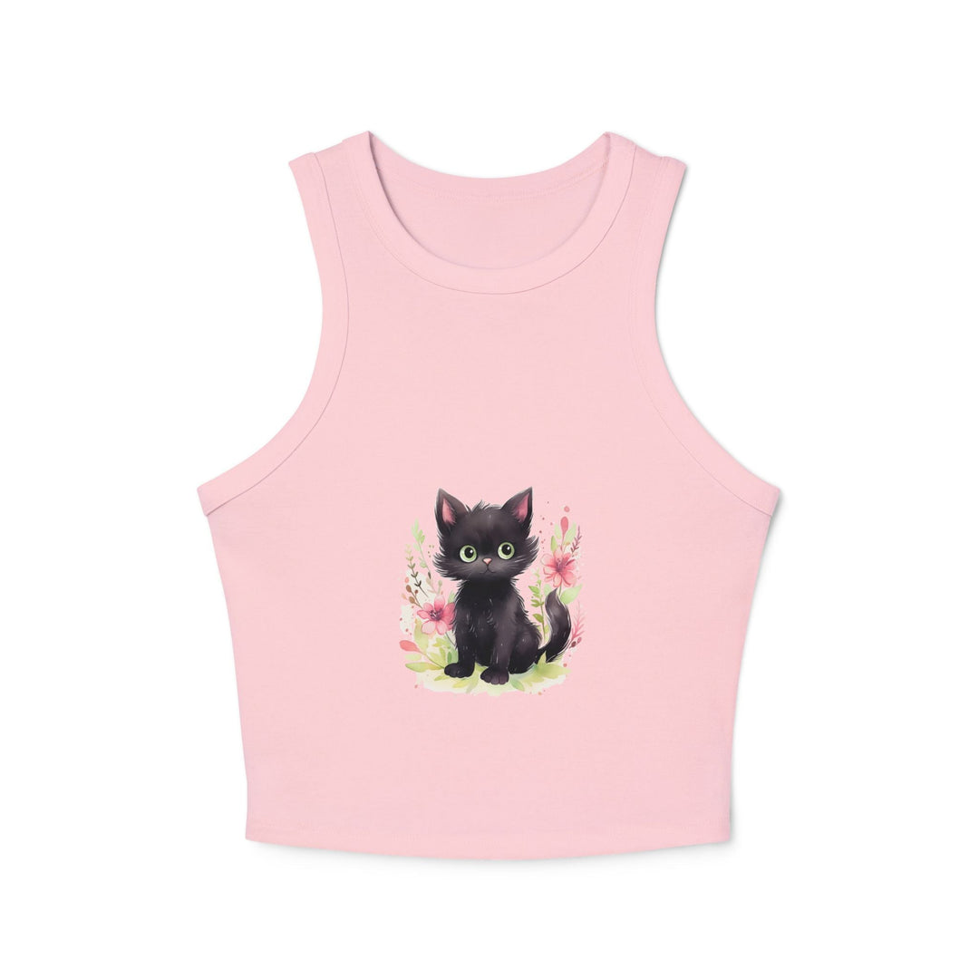 Black Kitten & Flowers Racerback Tank Top Tank Top - Blululi