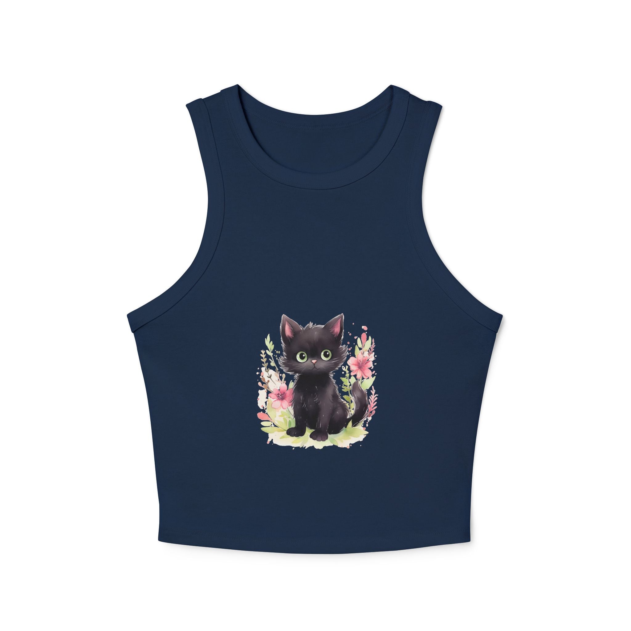 Black Kitten & Flowers Racerback Tank Top Tank Top - Blululi