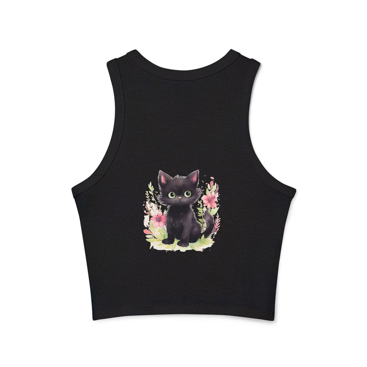 Black Kitten & Flowers Racerback Tank Top Tank Top - Blululi