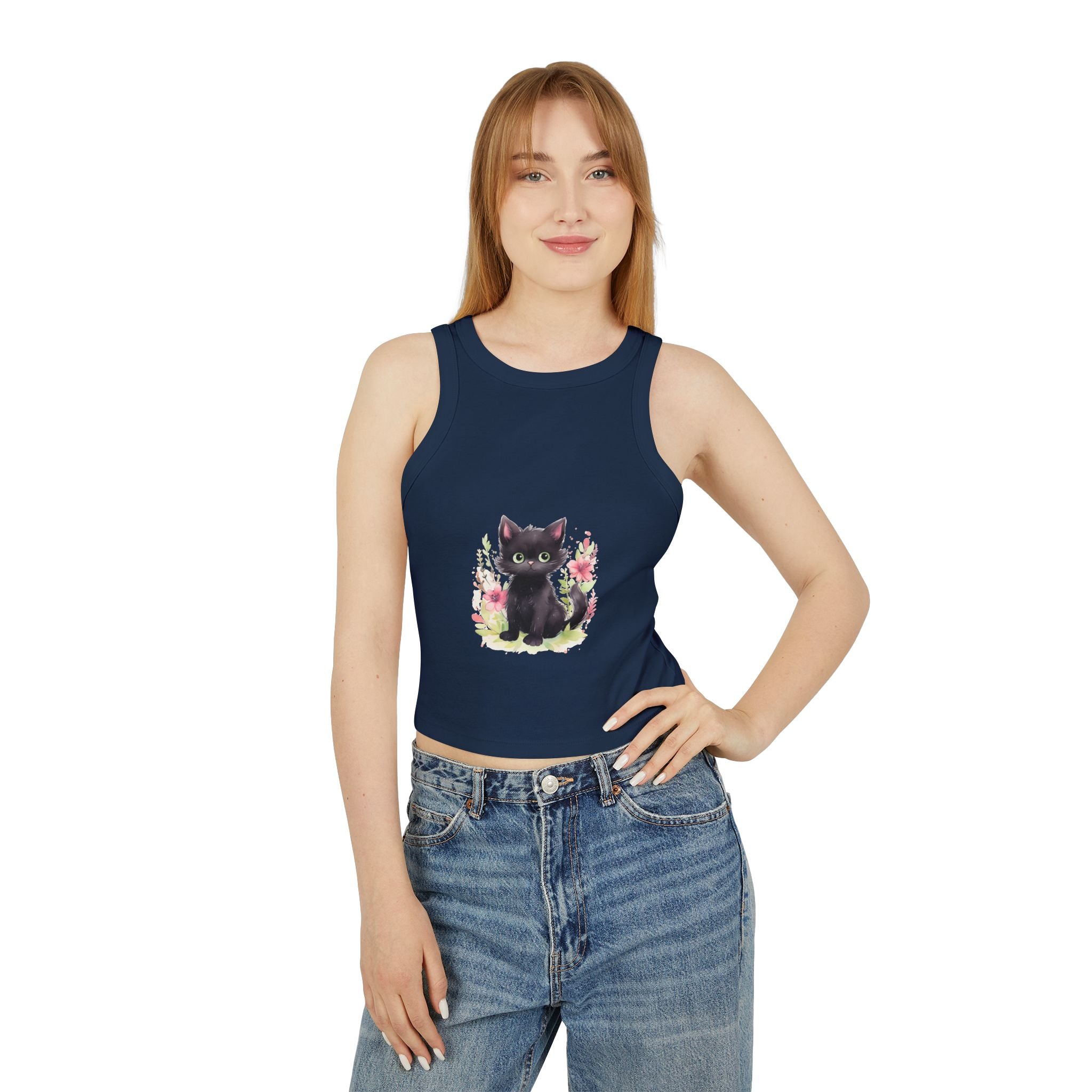 Black Kitten & Flowers Racerback Tank Top Tank Top - Blululi