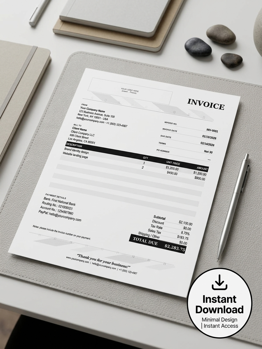 A printed invoice sheet laid on a light gray tablet sleeve, styled on a desk with a pen, laptop, and stones. A circular badge in the corner says 'Instant Download' with 'Minimal Design Instant Access.