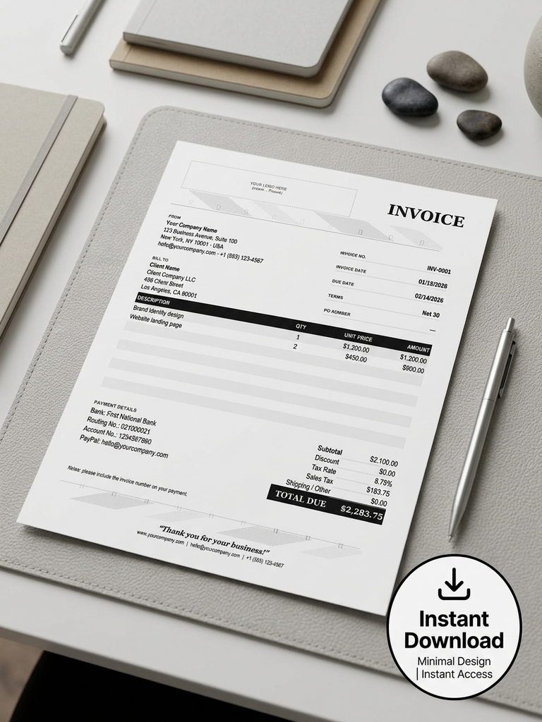 A printed invoice sheet laid on a light gray tablet sleeve, styled on a desk with a pen, laptop, and stones. A circular badge in the corner says 'Instant Download' with 'Minimal Design Instant Access.