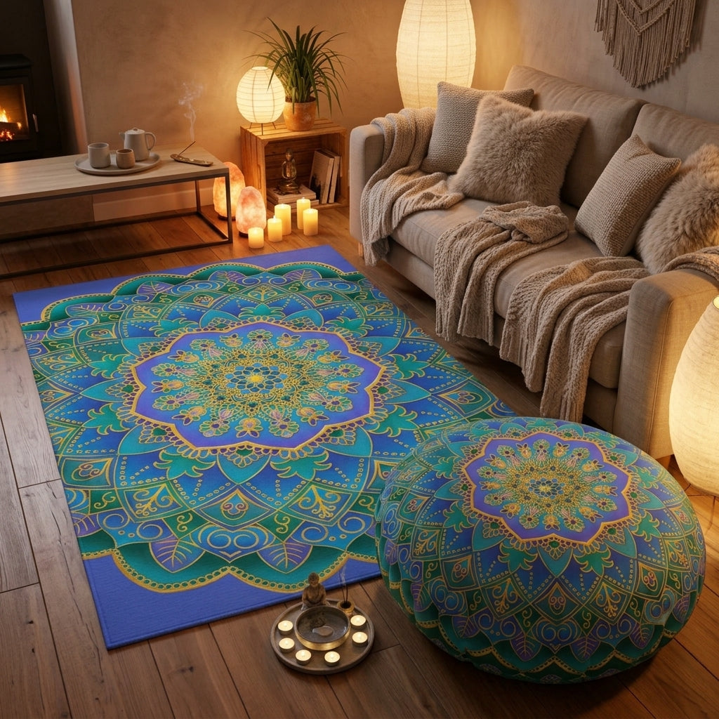 Blue Meditation Corner Bundle – Mandala Chenille Rug & Tufted Floor Pillow by Blululi