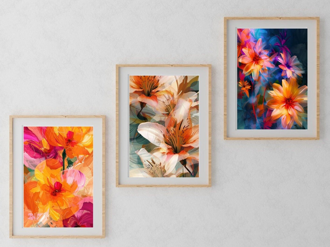 Blululi Vivid Blossoms Trio - Abstract Flowers Digital Wall Art for Living Room Decor, Instant Download - Assorted Sizes digital download - Blululi