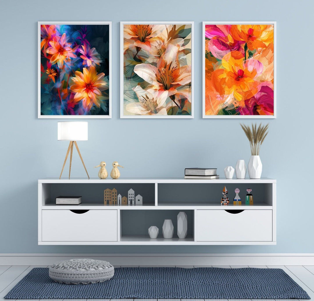 Blululi Vivid Blossoms Trio - Abstract Flowers Digital Wall Art for Living Room Decor, Instant Download - Assorted Sizes digital download - Blululi