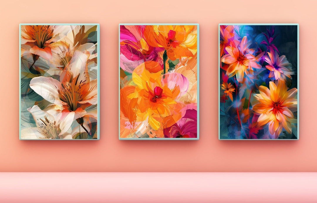 Blululi Vivid Blossoms Trio - Abstract Flowers Digital Wall Art for Living Room Decor, Instant Download - Assorted Sizes digital download - Blululi