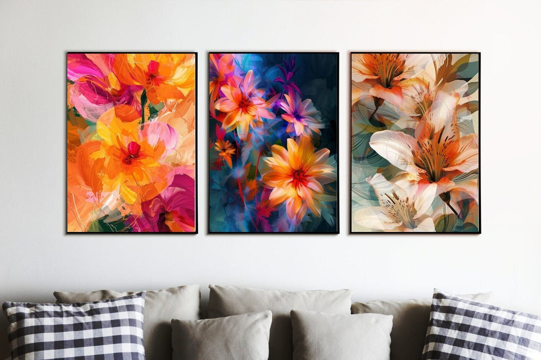 Blululi Vivid Blossoms Trio - Abstract Flowers Digital Wall Art for Living Room Decor, Instant Download - Assorted Sizes digital download - Blululi