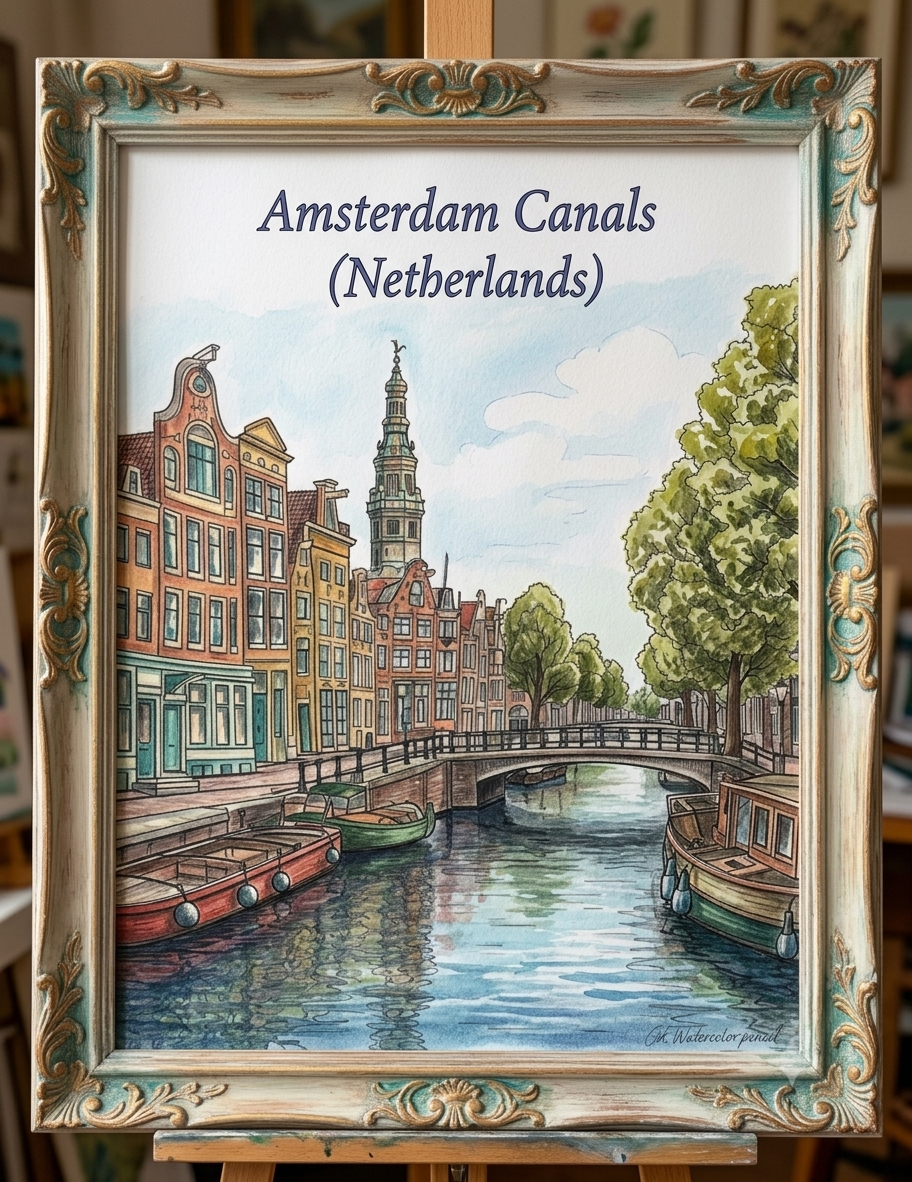 Framed artwork of Amsterdam canals with ornate frame