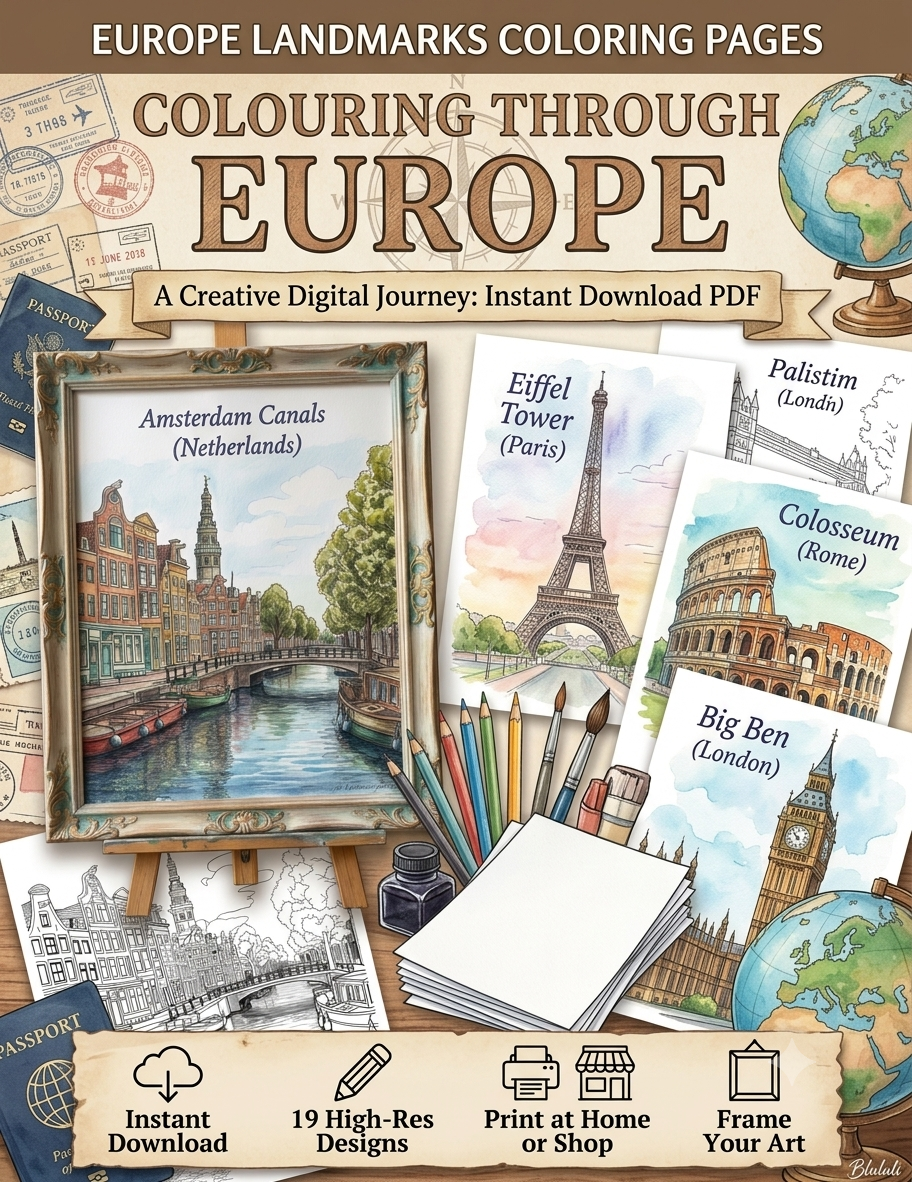 Cover of 'Colouring Through Europe' with illustrations of famous landmarks and stationery items.