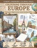 Cover of 'Colouring Through Europe' with illustrations of famous landmarks and stationery items.