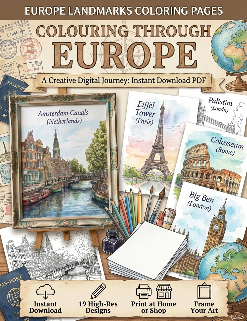 Cover of 'Colouring Through Europe' with illustrations of famous landmarks and stationery items.