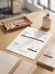 A styled desk scene with a printed invoice sheet at center, surrounded by blush pink stationery items including a tray with pens and clips, a small vase with greenery, notebooks, and a business card on a light wood tabletop.