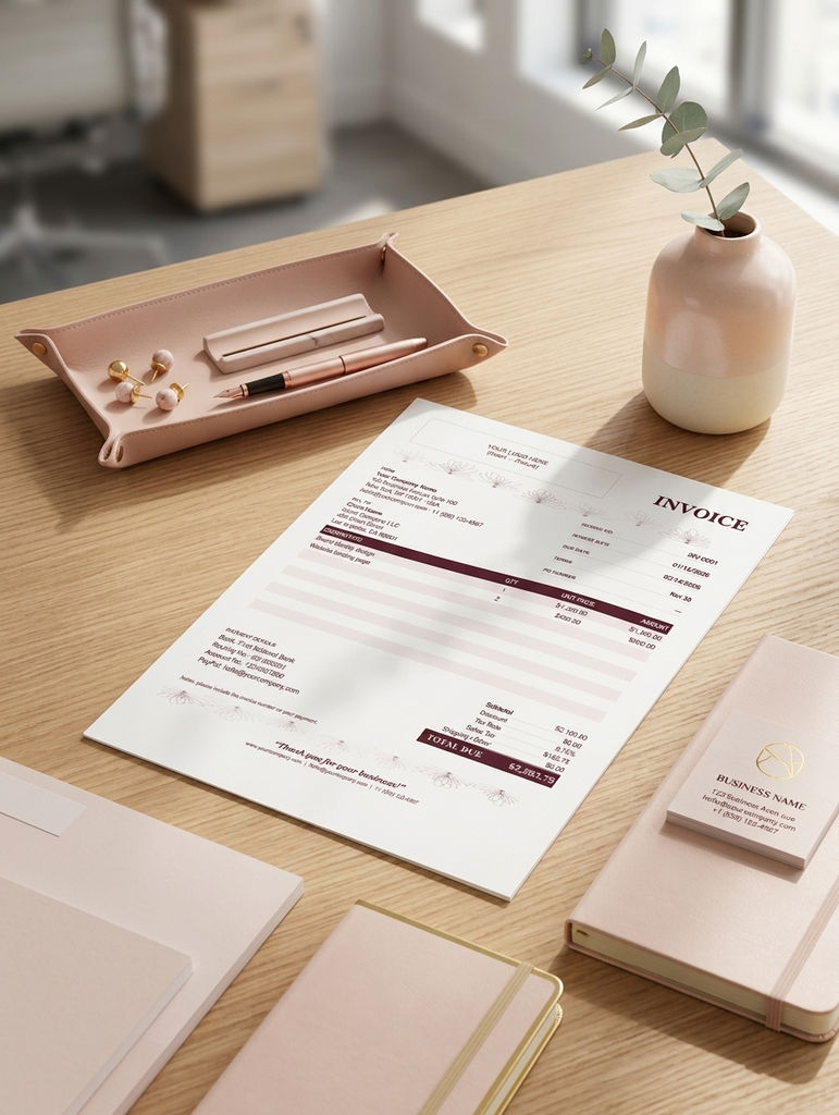 A styled desk scene with a printed invoice sheet at center, surrounded by blush pink stationery items including a tray with pens and clips, a small vase with greenery, notebooks, and a business card on a light wood tabletop.