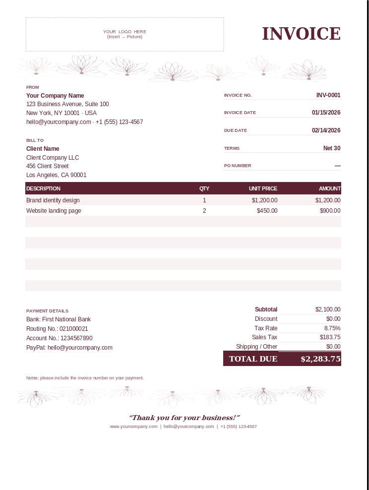 A digital invoice template with a clean white layout, featuring fields for company details, client information, item descriptions, pricing, and a total due amount in dark maroon text. The design includes subtle floral line art accents in the corners.
