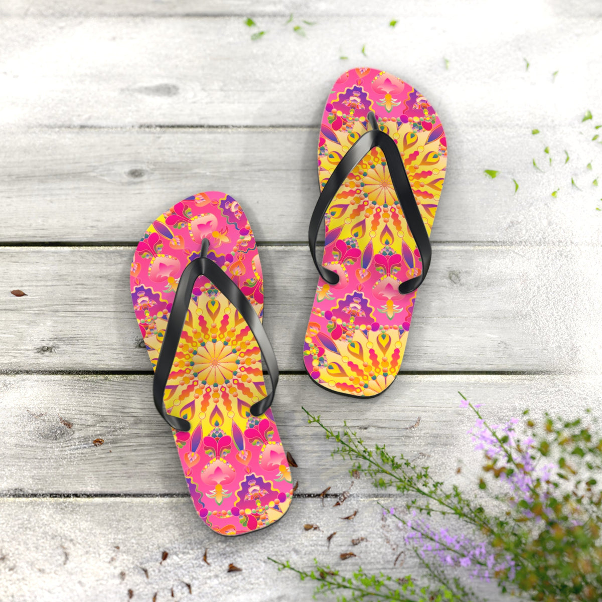 Bohemian Mandala Flip Flops - Pink, Yellow, Purple Shoes - Blululi