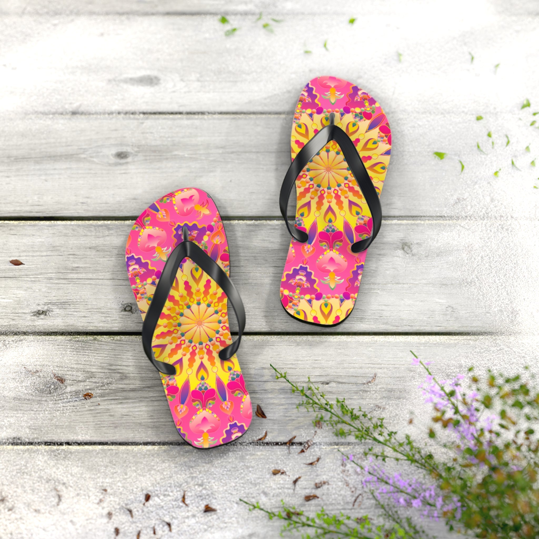 Bohemian Mandala Flip Flops - Pink, Yellow, Purple Shoes - Blululi