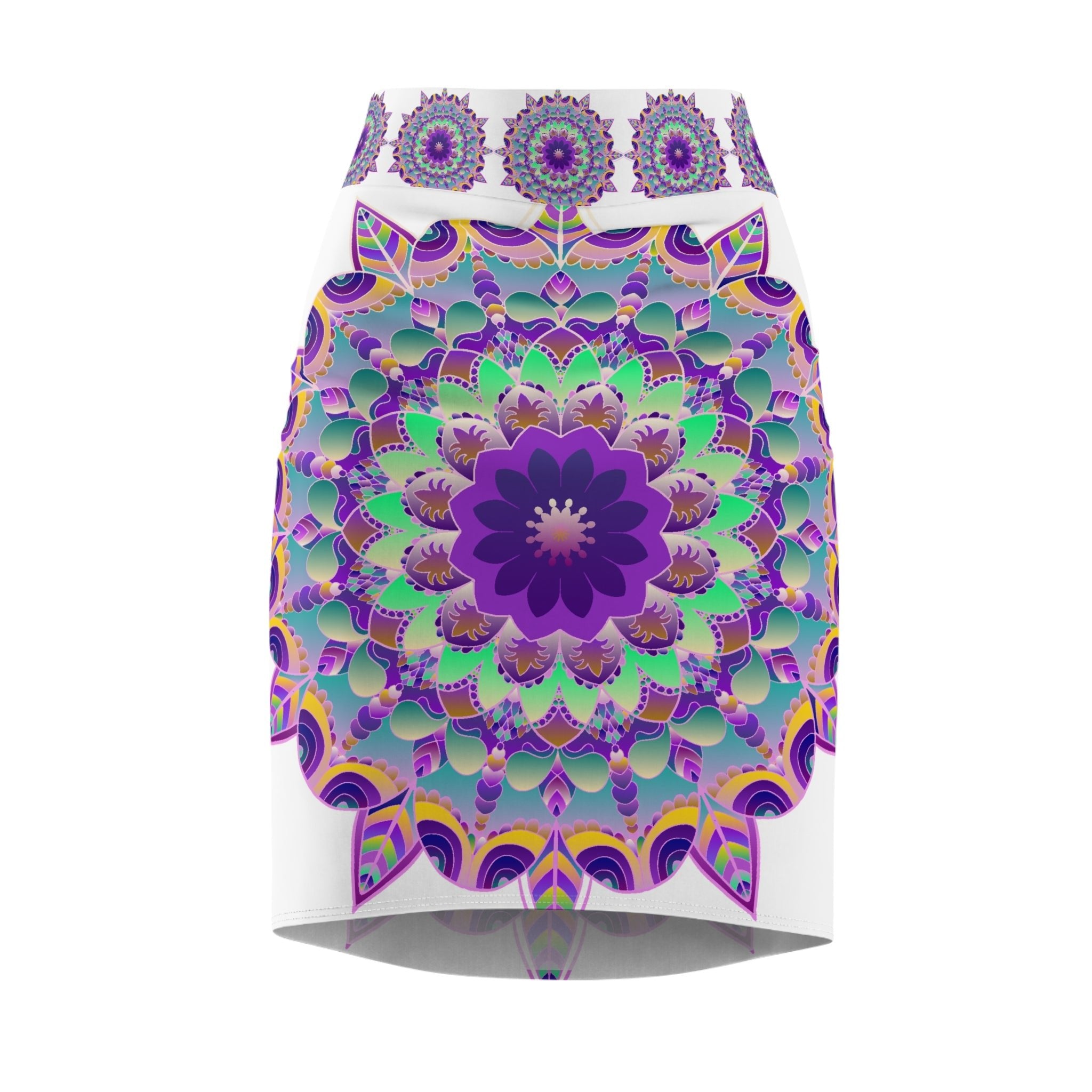 Bohemian Mandala Pencil Skirt - Purple, Azure & Iridescent All Over Prints - Blululi