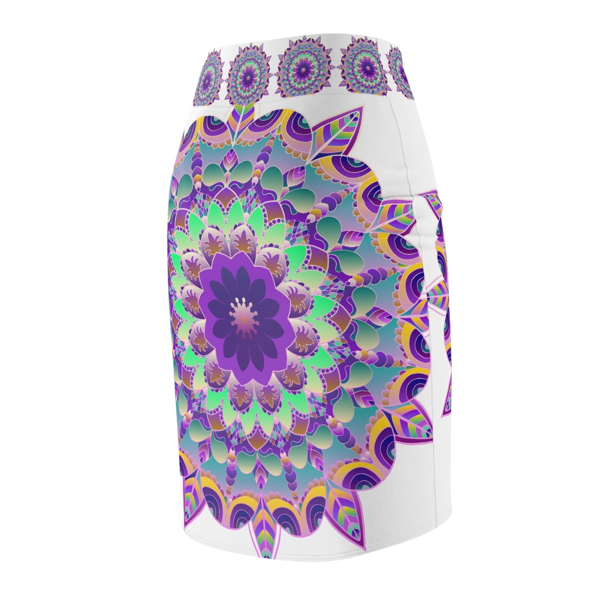 Bohemian Mandala Pencil Skirt - Purple, Azure & Iridescent All Over Prints - Blululi