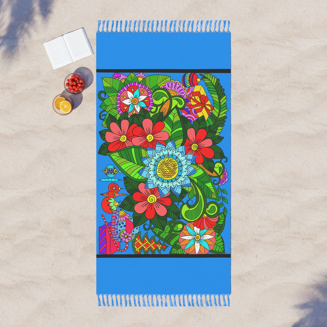 Boho Beach Cloth decorated with Flower Doodle Art - Original Fine Art Hand - Drawn - Blululi