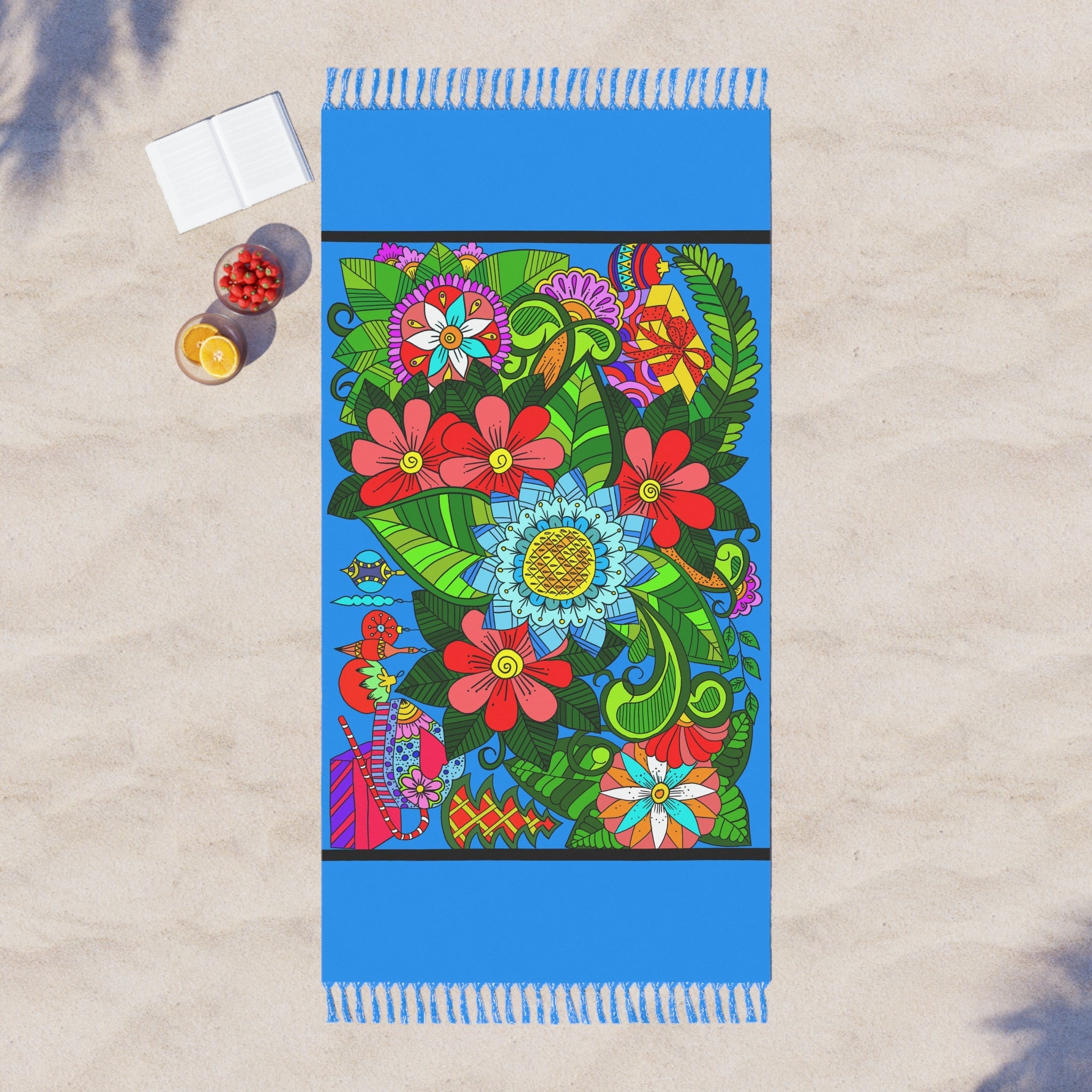 Boho Beach Cloth decorated with Flower Doodle Art - Original Fine Art Hand - Drawn - Blululi