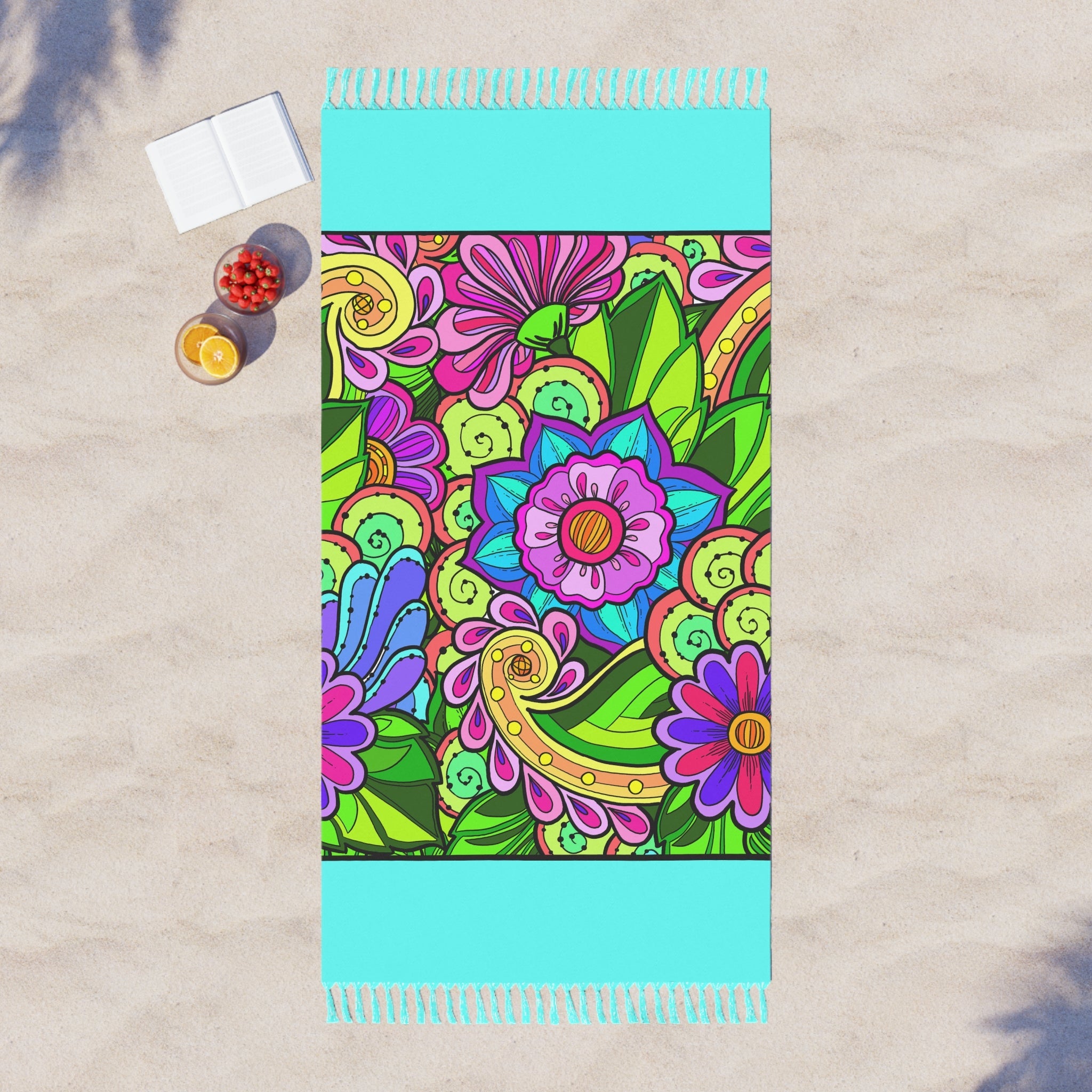 Boho Beach Cloth decorated with Flower Doodle Art - Original Fine Art Hand - Drawn - Blululi