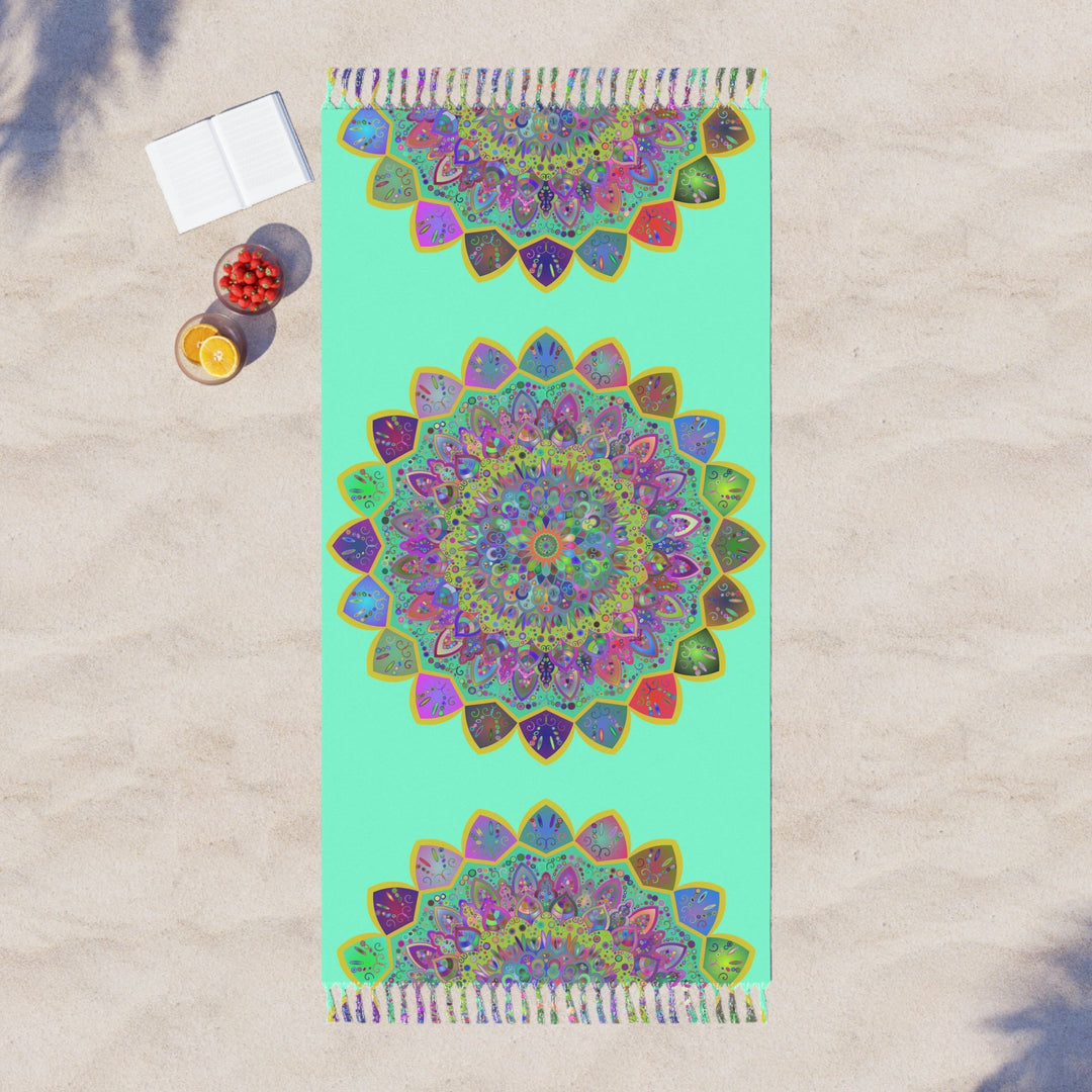 Boho Beach Cloth decorated with Mandala Art - Original Fine Art Hand - Drawn - Aquamarine - Blululi