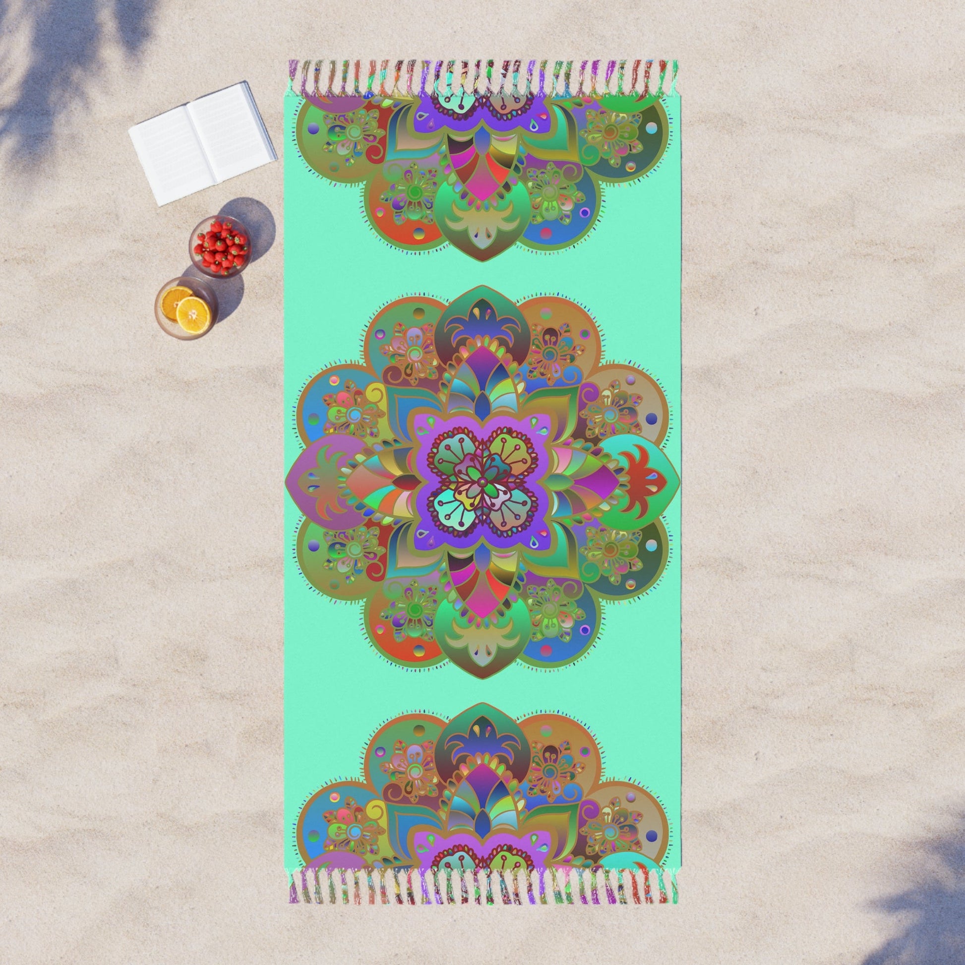 Boho Beach Cloth decorated with Mandala Art - Original Fine Art Hand - Drawn - Aquamarine - Blululi