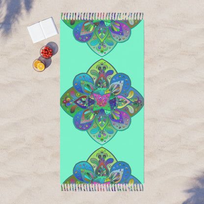 Boho Beach Cloth decorated with Mandala Art - Original Fine Art Hand - Drawn - Aquamarine - Blululi