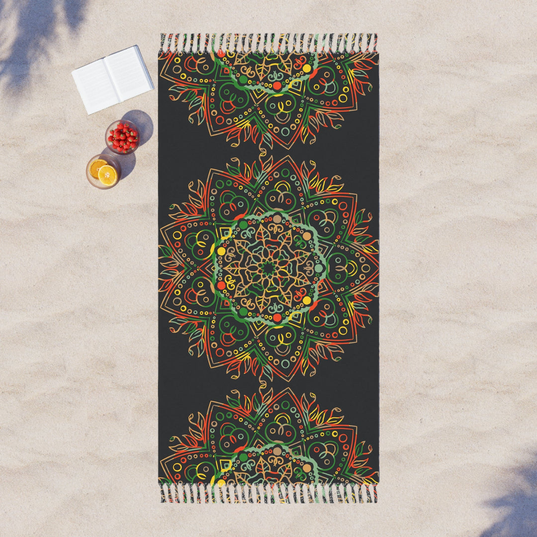 Boho Beach Cloth decorated with Mandala Art - Original Fine Art Hand - Drawn - Dark Charcoal Blue - Blululi