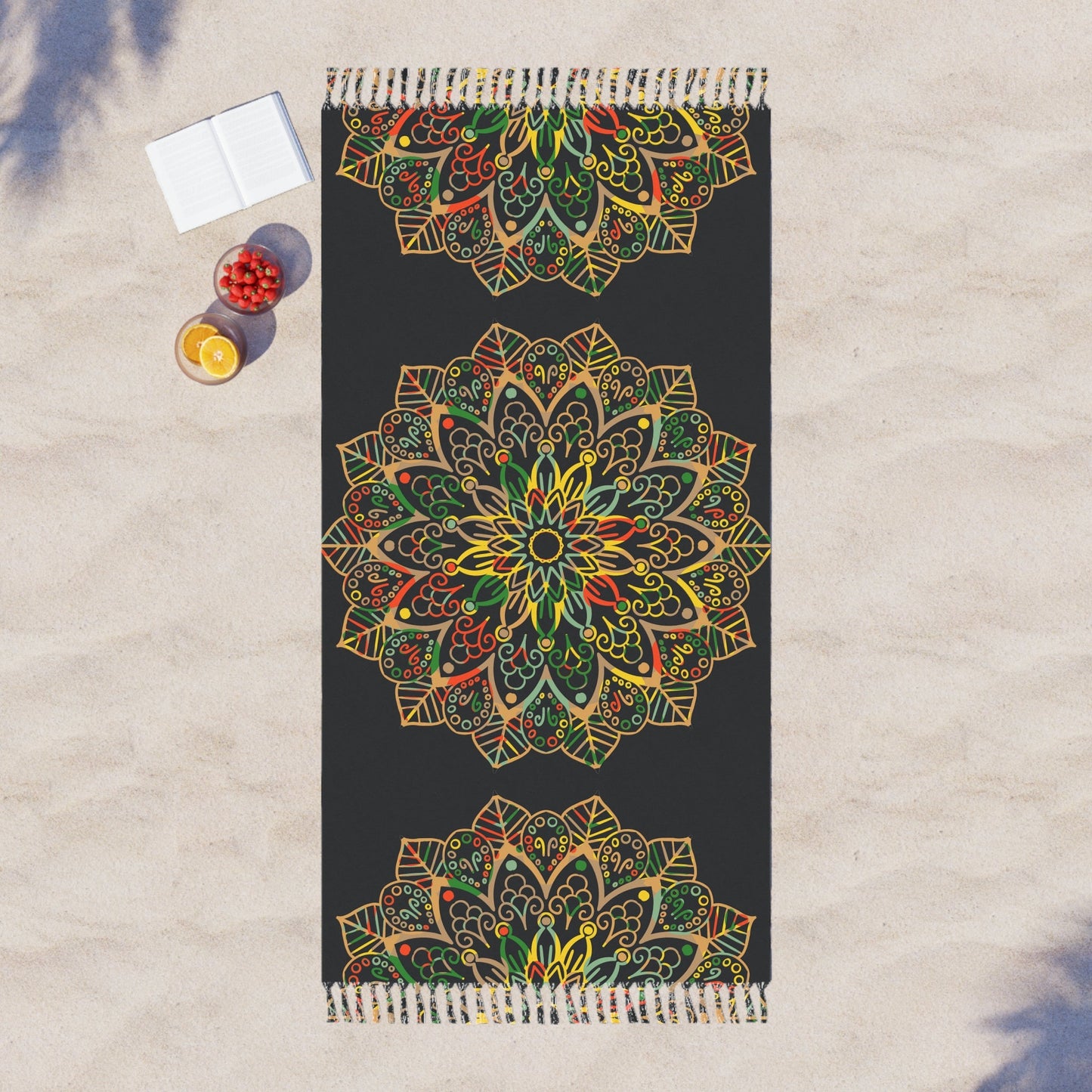 Boho Beach Cloth decorated with Mandala Art - Original Fine Art Hand - Drawn - Dark Charcoal Blue - Blululi