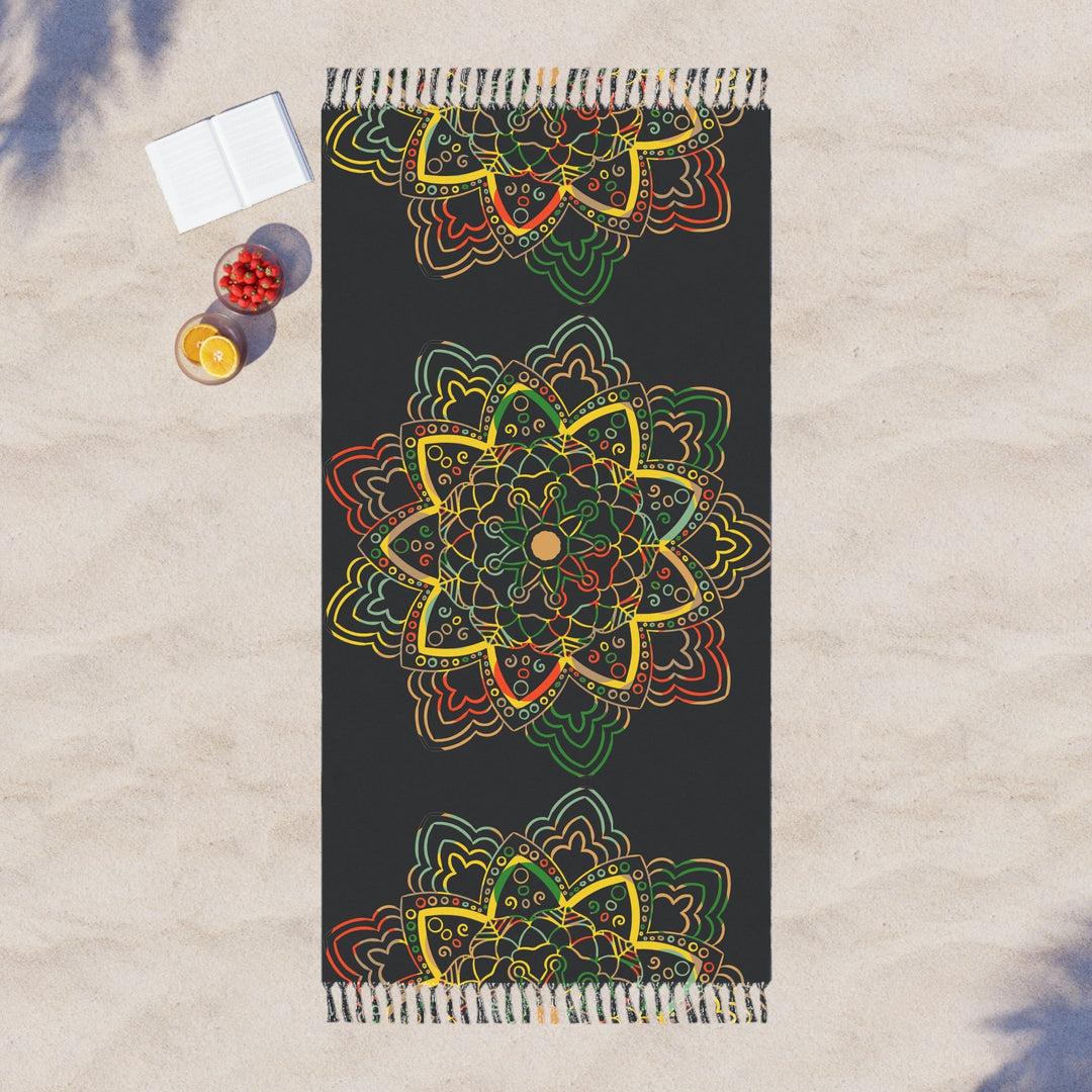 Boho Beach Cloth decorated with Mandala Art - Original Fine Art Hand - Drawn - Dark Charcoal Blue - Blululi